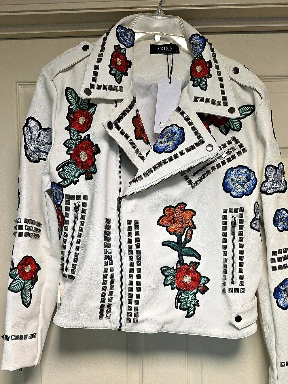 Akira Label Punk Rock Studded Patchwork Moto Jacket Floral White & Blue 2X